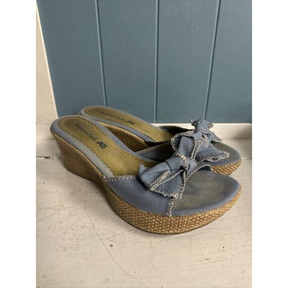 Vtg American Eagle  Women's Sz 8 Blue Denim Jean Fabric  Slip On Wedge‎ Sandals - Picture 4 of 7